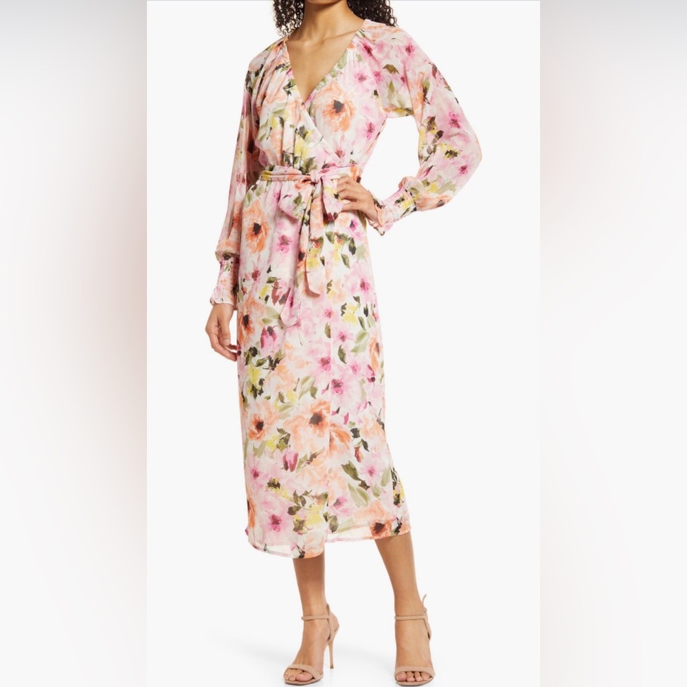 Charles Henry Pink Floral Print Wrap Midi Dress